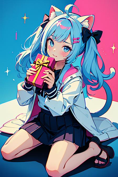 Best quality,masterpiece,ultra high res,<lora:vaporwave:0.7>,
1girl, animal ears, cat ears, blue eyes, blue hair, solo, long hair, bow, hair bow, chibi, ahoge, black bow, long sleeves, holding, white skirt, cat girl, skirt, virtual youtuber, bangs, multicolored hair, cat tail, hair ornament, tail, cat, twintails, hairclip, kneeling, looking at viewer, gift, very long hair, pleated skirt, pink hair, animal ear fluff, jacket, box, blush, animal, holding animal, white cat, white jacket, streaked hair, gift box