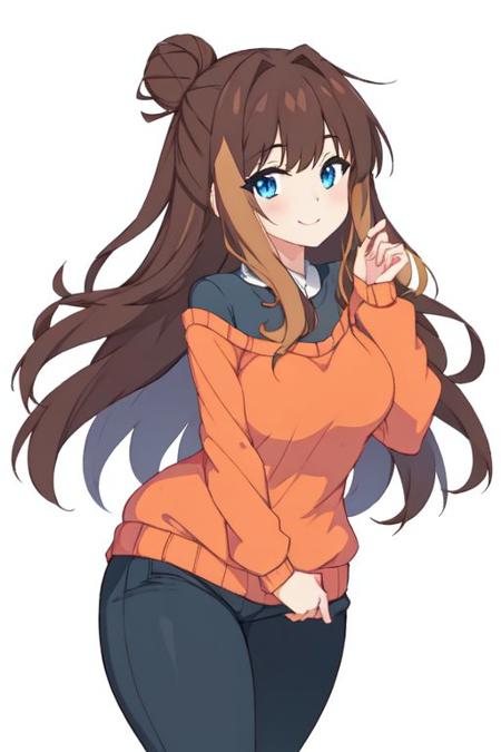 PEANUTCRUSHCRUSH, 1GIRL, SOLO, BROWN HAIR, SMILE. BLUE EYES, ORANGE SWEATER, PANTS, SINGLE HAIR BUN, HAIR BUN, LONG HAIR, MULTICOLORED HAIR, SHIRT,