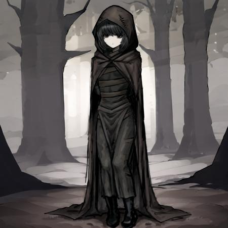 miranda, (multiple belts:1.3), (brown:1.2) belts on outfit, standing, full body, sitting, expressionless, dark forest, boots, black hair, black eyes, black dress, black gloves, (brown:1.3) hooded cloak <lora:miranda:0.9>, nice hands <lora:blackSouls_5:0.7>