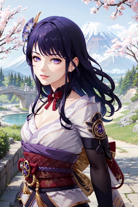 RaidenGI purple eyes, black thighhighs, bridal gauntlets, hair ornament,   cherry blossoms, coattails, armor, floral print, japanese clothes, kimono, long sleeves,   mitsudomoe (shape), purple flower, purple kimono, purple thighhighs, ribbon,    sash, shoulder armor, tassel, tomoe (symbol), torii, wide sleeves