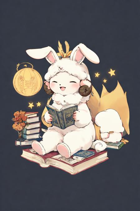 rabbit, no humans, simple background, sitting, book, blush, reading, closed eyes, smile, animal costume, sheep, open mouth, rabbit costume