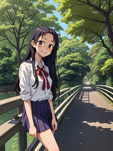 nagatoro hayase, masterpiece, portrait, official art, 1girl, high school girl, summer uniform, black hair, brown eyes, brown skin, happy, leaning on a bridge, park, trees