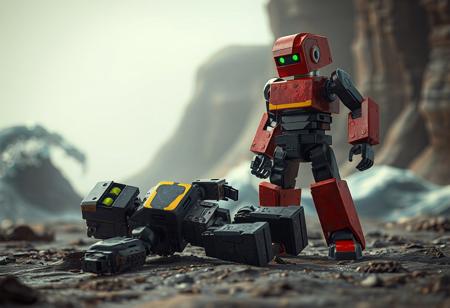 full body, Blockman robots, each with unique forms and color schemes, are depicted in a striking scene. One robot, mainly black and red with a yellow chest stripe, stands upright, while the other, black and gray with a similar yellow stripe, lies on its side. The composition of the image, set against an Earthbound Wave background, creates a sense of balance. The image is 4K, exceptionally detailed, with vivid emotions and colors, and contains no text or additional objects. It appears to be trending on ArtstationHQ, featuring cinematic lighting, and is rendered in high resolution.