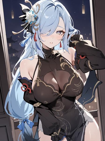 shenhe is a girl with light blue hair and blue eyes,She is wearing the "Lenghuayoulu" outfit which includes black china dress and black black sleeves,