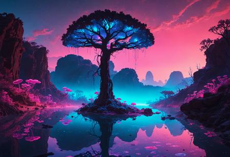 Underwater murk lit by bioluminescent flora, Psychedelic alien planet, Neon city lights with electric blues and pinks, Ethereal floating islands in a clear sky, Bioluminescent mushrooms in an enchanted forest, Fierce sandstorm obscuring a desert horizon, Wizened sage meditating on a cliffside, An ancient tree whose roots connect different realities