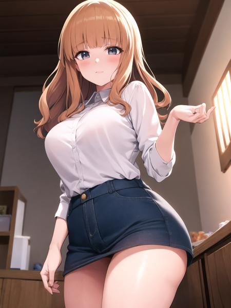 best quality, masterpiece, absurdres, soft light, takebesaori,1girl, indoors, ultra detailed face,shirt, looking at viewer, cowboy shot,brests, thighs, <lora:takebesaori-000001:0.7>