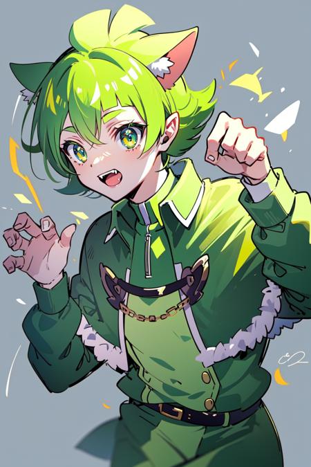 1boy, cowboy shot, male focus, solo,  <lora:barsrobintest-07:0.6>, (animal ears, cat ears, paw pose:1.1), green hair, green jacket, green capelet, happy, dynamic angle, simple background, fang, cute