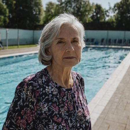 A portrait photo of a 45yr Caucasian mother standing at swimming pool taken by Tom Munro, {{highly detailed }} {{taken with Canon EOS R10}} {{shot by Canon EOS R10}}