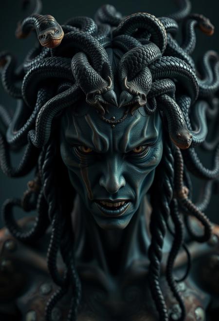 Medium shot of Medusa, horror, snakes at the hair, dramatic, (masterpiece, best quality, high quality), hyperdetailed, highres, intricate detail, HDR, 8k, sharp focus, realistic eyes, detailed skin texture, subsurface scattering, realistic, dark, photorealistic,