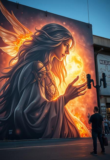 A heartwarming interactive street art mural in a grand epic scene: an ethereal, mystical figure bathed in epic lens glow lighting.  Massive scale, heroic elements, direct harsh shadows, surreal compositions, delicate details, soft textures, layered elements, celestial motifs, and nature-inspired themes.