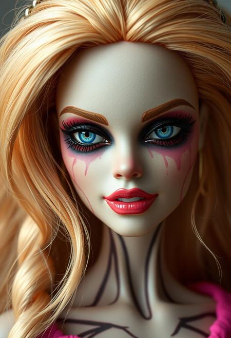 Barbie as a real life charater, she is a zombie, hyper realistic, ultra detailed skin surface, ultra detailed hair