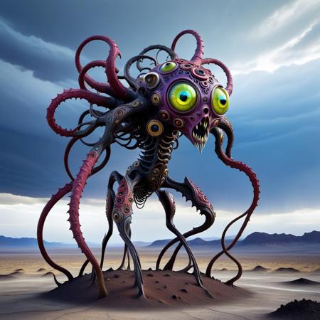 A bizarre, hybrid creature with multiple limbs and eyes, standing alone in a barren, desolate landscape. The creature's form is a disturbing blend of organic and mechanical parts, with surreal, vibrant colors contrasting against the muted, lifeless background. The sky is filled with swirling, ominous clouds.