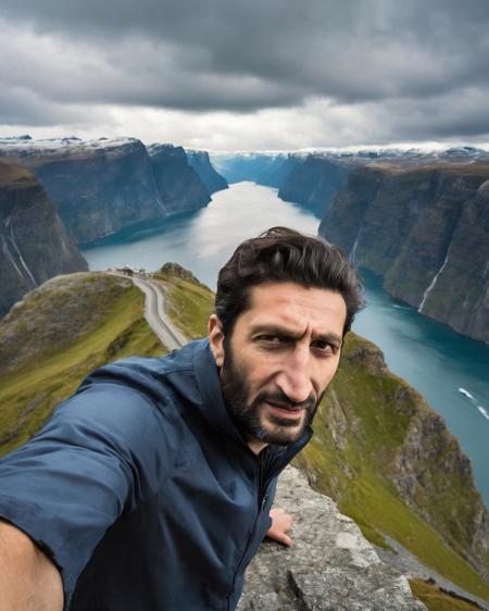 <lora:Fares_Fares:0.8> breathtaking selfie (Fares Fares) on a cliff, Fjords in background, award winning, professional, studio light, natural lighting, 4k uhd, dslr, soft lighting, high quality, Fujifilm XT3