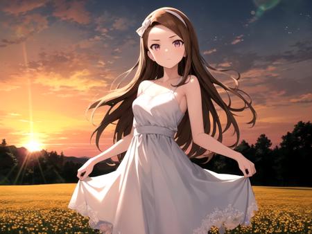 masterpiece, best quality, 1girl, solo, dsiori, brown hair, long hair, pink eyes, small breasts, hairband, white dress, bare shoulders, outdoors, flower field, sunset, lens flare, detailed background, cowboy shot
 <lyco:dsiori_lc_768:1>