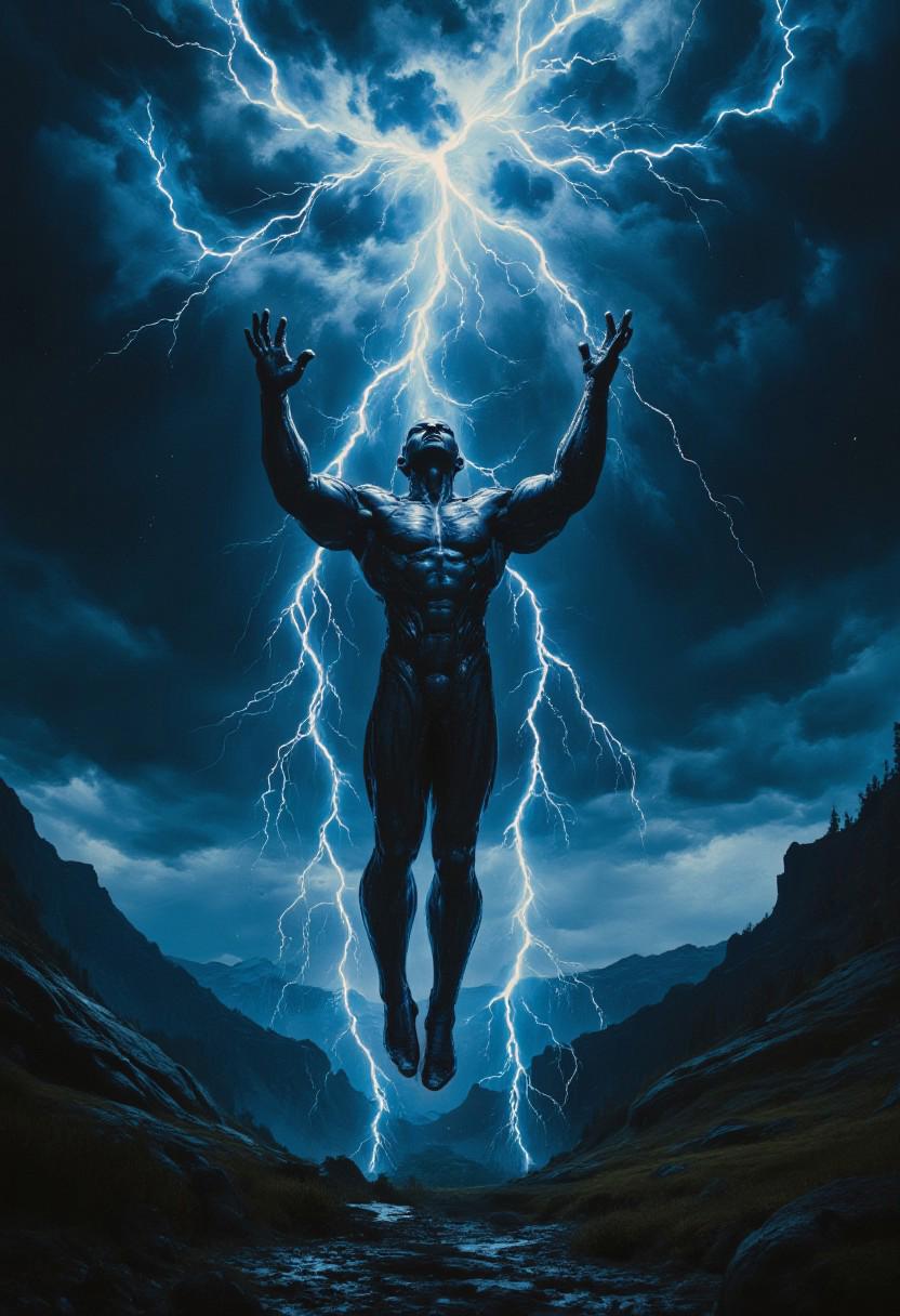 Epic fantasy oil painting, full-body portrait of 30-foot tall blue-skinned 20-year old man enjoying being struck by lightning, he is floating levitating in the sky, he is reaching his hands up into dark storm clouds wearing shiny metal armor reflecting lightning and boots, thunderstorm at night, surreal, mountains background, perfect hands, correct digits, realistic skin, perfect expressive eyes, perfect pupils, style of Francisco Goya, otherworldly, interesting color pallet, Stunning visuals, Texture, Cinematic style, Beauty, Realism, Photorealism, Chiaroscuro, High quality, perfection style, aidmafluxpro1.1