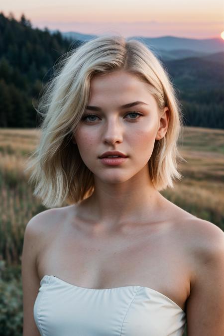 photo of (s4r4hgrey-135:0.99), a beautiful woman, perfect short platinum blonde hair, (modern photo, Ruby Red strapless leotard:1.1), closeup portrait, 85mm, (analog, cinematic, film grain, hazy atmosphere:1.3), ((outside, sky and hills background, sunset:1.2)), detailed eyes, (seductive), (epicPhoto), (looking at viewer), jewelry, (cinematic shot:1.3)