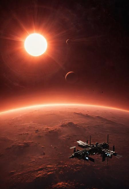 masterpiece, high detail, masterpiece, space station silhouetted by giant dull red sun, great lighting, highest definition, HD32K, wallpaper, hyperdetailed, mythp0rt, photorealistic