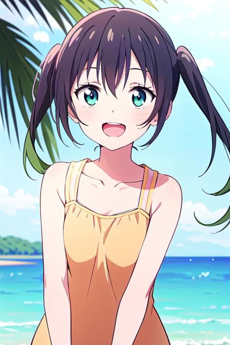 (best quality, masterpiece:1.2), 1girl, solo, anime, anime screencap,  ray tracing, global illumination, ultra resolution image, vivid color,  cinematic light,  lens flare,  light on face, glow eyes, (upper body1.2),  smile, depth of field, happy, front view, pov, outdoors, blue sky, sunlight, day, detailed background, kawaii, cute,
<lora:A_Takasaki Yuu New2:0.6> takasaki yuu, open mouth, twintails, multicolored hair, collarbone, red dress, one piece, sundress, beach,