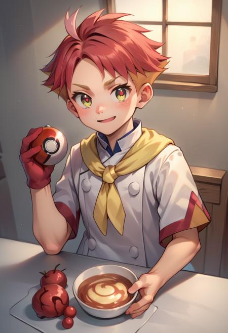 crispin, multicolored hair, red hair, yellow eyes, red pupils, partially fingerless glove, single red glove, short sleeves white jacket, multicolored shorts, white shorts, yellow neckerchief, double-breasted, orange footwear