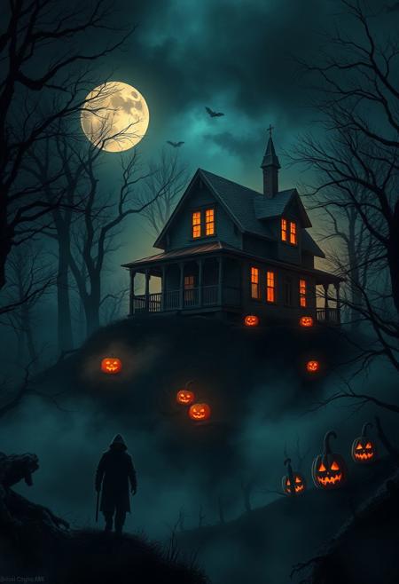 Halloween night, eerie haunted house on a hill, glowing jack-o'-lanterns, dark forest, fog rolling in, unsettling atmosphere, shadowy figures lurking, fear and nightmare theme, cinematic lighting, high detail, digital painting, inspired by horror artists, 4k resolution, ominous color palette.