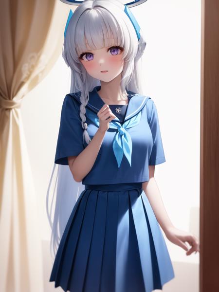 (blue serafuku:1.4), 1girl, solo, standing, (neckerchief:1.1), white hair, purple eyes, short sleeves, pleated skirt, (blue skirt:1.2), long skirt, indoors, very long hair, halo,