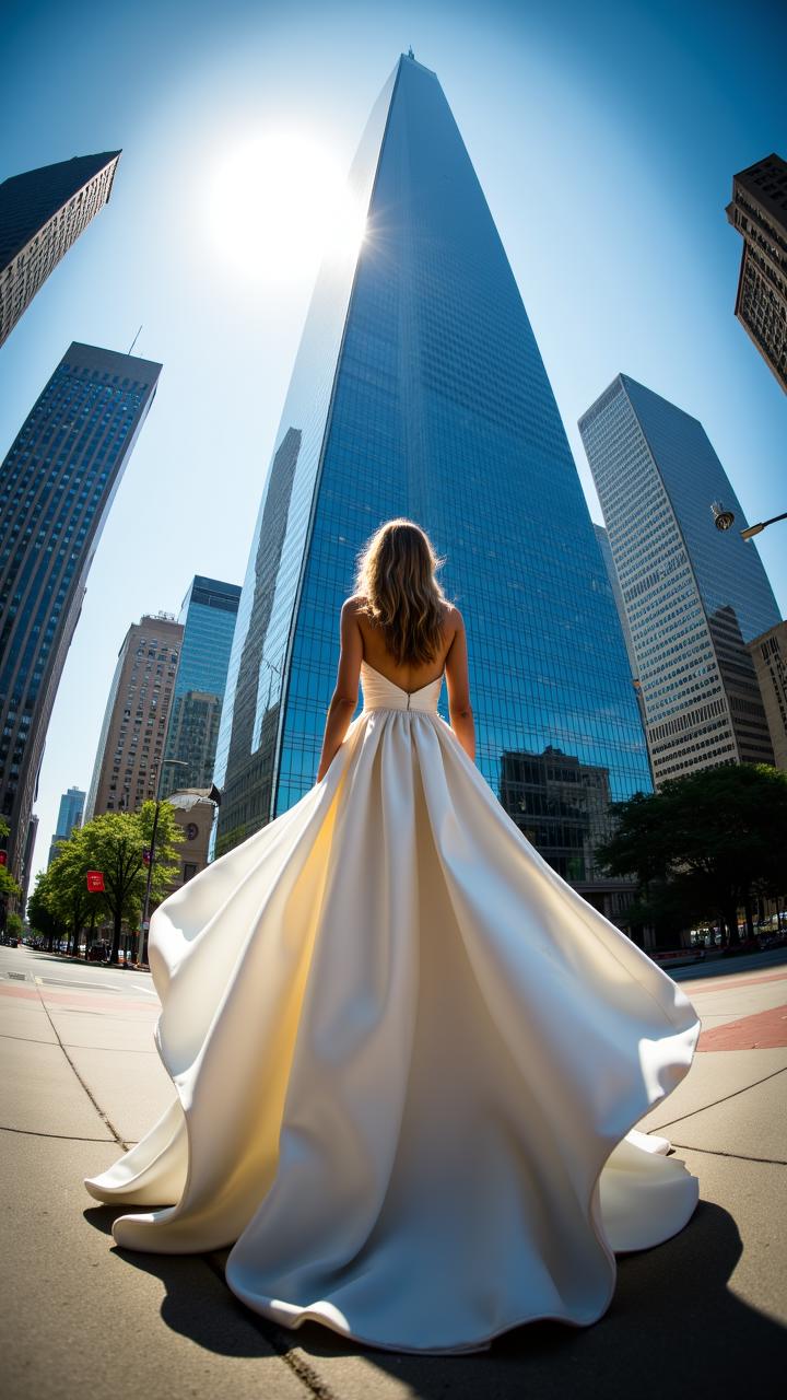 surreal perspective of, A lone figure dressed in a flowing white gown stands in front of a towering skyscraper, gazing intently at the viewer. Fisheye lens, f/2, 8, abstract interpretation, vibrant colors, aidmaimageupgrader