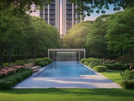 <lora:JJsLandscape_XL:1>, masterpiece, best quality,Landscape, scenery, outdoors, building, tree, sky, real world location, grass, bush, flower, city, swimming pool, lawn, sidewalk, ivy, bench,sakura, dawn, pond,day, column, beam,building facade, RAW photo, subject, 8k uhd, dslr, soft lighting, high quality, film grain, Fujifilm XT3 ,car entrance, gate, water spray,