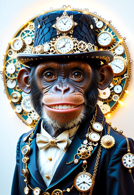The image depicts a highly stylized and artistic representation of a (smiling chimpanzee wearing a Fez and monocle:1.3) with a crystal, intricate white and gold design. The figure has a slender, elongated body with a smooth, almost ethereal surface. The skin appears to be a combination of clocks and organic vines, with a pattern that resembles numbers between 1 and 12. The figure's body is adorned with a series of small, glowing lights and gears that add to the natural and otherworldly aesthetic.

The figure has fur that is intricately woven with metallic elements and small, delicate cogs. The fur is styled in a way that frames the face and extends down the back like steam or smoke. The face itself is striking, with large, expressive eyes that have an blue|green|amber|violet hue, giving the figure an intense and captivating gaze.

The background consists of a Victorian era circus, steampunk