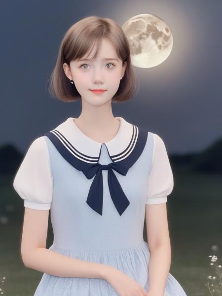 masterpiece, best quality, moon, sky, girl, short hair, light blush, green eyes, small breasts, Sailor dress, loose socks, mary_janes, <lora:sl_lye:1>