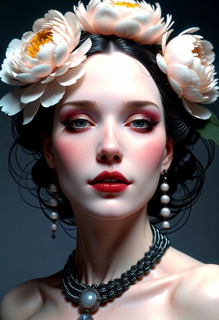 Inspired by Mike Mignola, 1 female,beautiful, wrapped in beads, peonies, languor, softness, half smile, soft light, tenderness, seduction, the greatest quality, best facial details
futurism, 2d