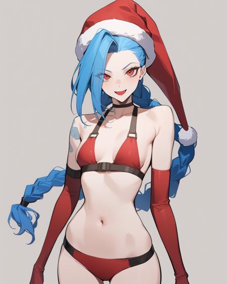 jinx \(league of legends\),1girl,solo,twin braids,single elbow glove,short shorts,bikini top only,necklace,belt,fingerless gloves