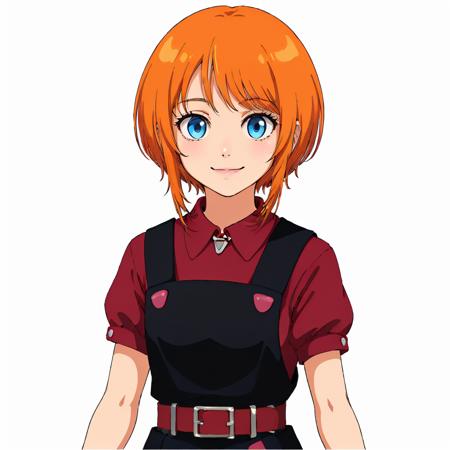 masterpiece,high quality,(white background:1.5),
<lora:elpeople003:0.5>,solo,smile,looking at viewer,
elpeo_ple,1loli,short hair,orange hair,bangs,sidelocks,blue eyes,
necklace,pendant,
overalls,black vest,pink triangle button,dark red shirt,short sleeves,belt,