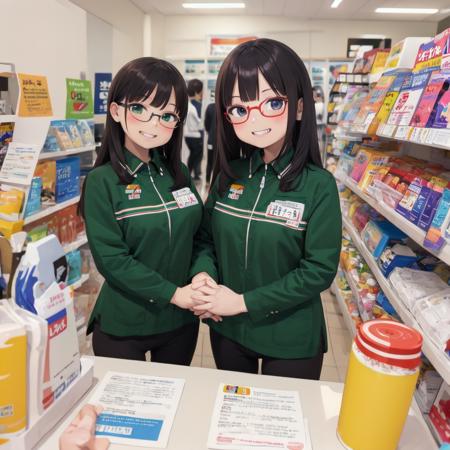 masterpiece, best quality, ultra-detailed, illustration,
7elevenU, employee uniform, uniform, jacket, own hands together, 1girl, glasses, pants, looking at viewer, smile, green jacket, black hair, standing, short sleeves, shirt, name tag, long hair, grin, indoors, teeth, id card, 
7eleven, scenery, indoors, box, 
 <lora:7eleven_scenery_SD15_V1:1>