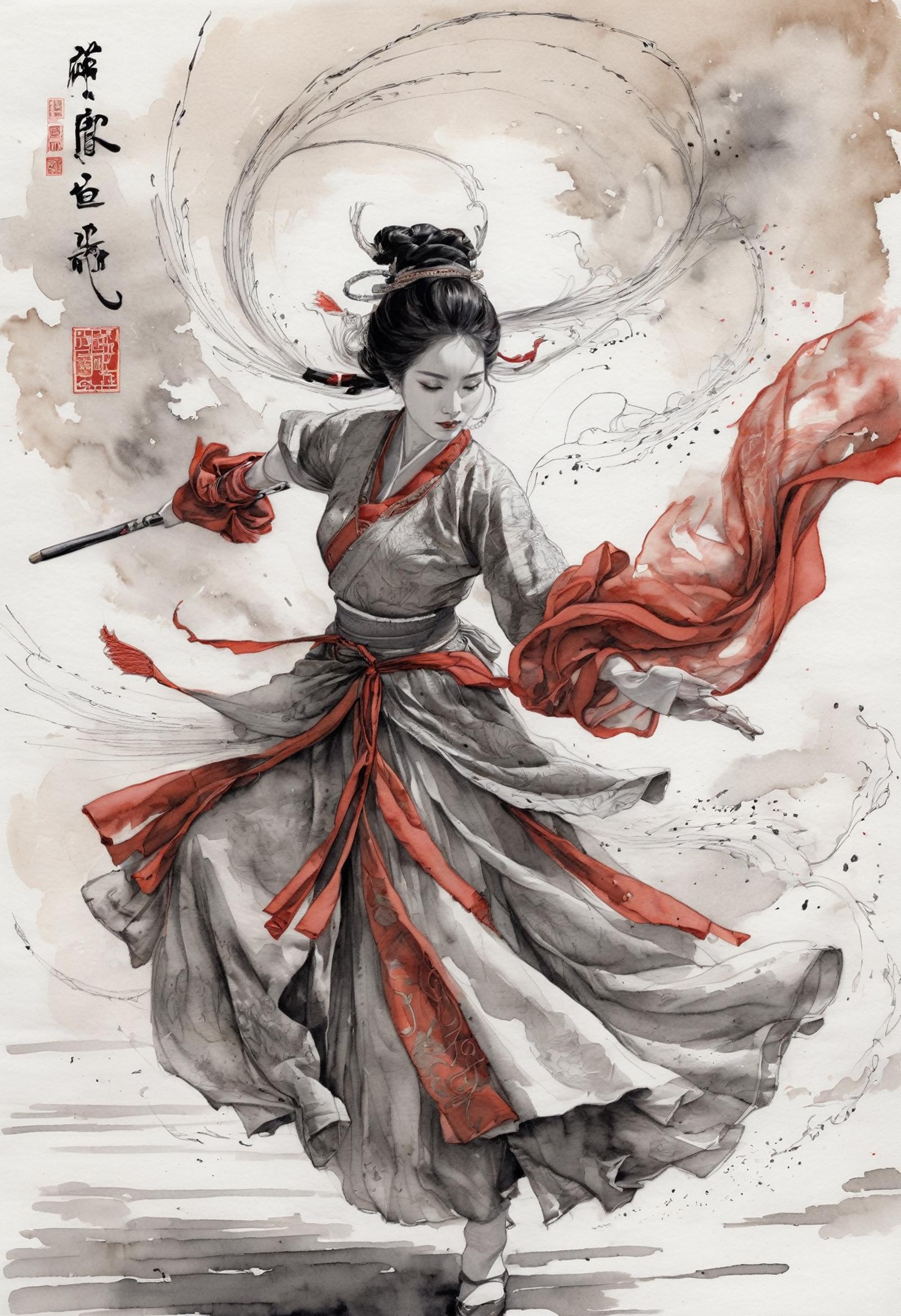 A woman in a kimono is dancing with a sword.