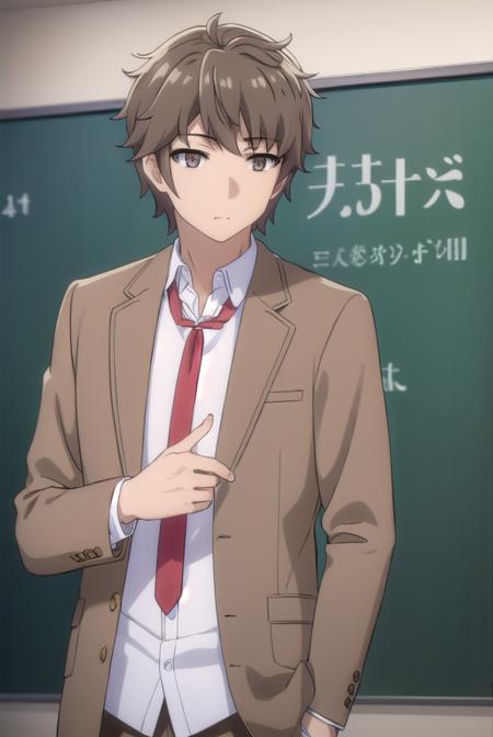 sakutaazusagawa, <lora:sakuta azusagawa s1-lora-nochekaiser:1>, 
sakuta azusagawa, short hair, brown hair, (brown eyes:1.5), male focus,
BREAK shirt, long sleeves, school uniform, jacket, white shirt, open clothes, necktie, belt, pants, blazer, red necktie, brown jacket,
BREAK indoors, classroom,
BREAK looking at viewer, (cowboy shot:1.5),
BREAK <lyco:GoodHands-beta2:1>, (masterpiece:1.2), best quality, high resolution, unity 8k wallpaper, (illustration:0.8), (beautiful detailed eyes:1.6), extremely detailed face, perfect lighting, extremely detailed CG, (perfect hands, perfect anatomy),