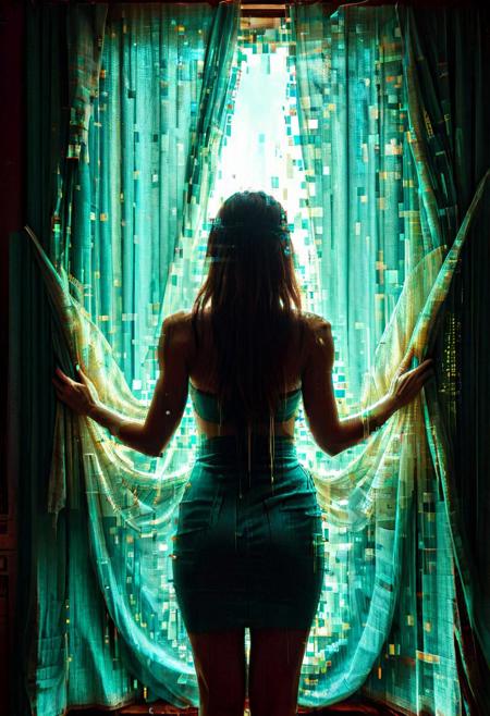 lifting the curtain to reveal the secret hidden world,  <lora:SDXL_aidma_Image_Upgrader_v1:1> , professional, detailmaximizer, details, photo, realistic, max, tori ,  <lora:SDXL_aidmaGlitchStylev1:0.75>,  lglitch, pixelated, artifacts, flickering, lady, from behind