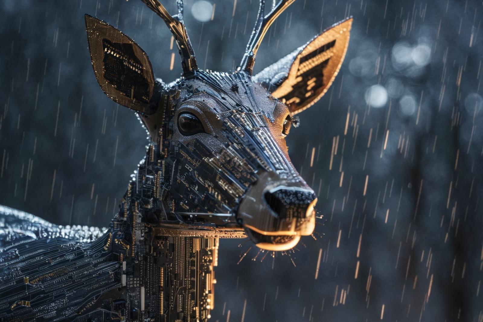 A deer sculpture made from wires and metal, standing in the rain.
