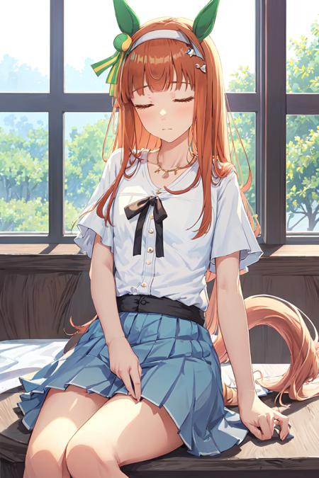 masterpiece,realistic, <lora:silence suzuka:0.9>,1girl,silence suzuka (umamusume),silence suzuka(Mufti),horse girl,horse ears,horse tail,orange hair,green eyes,long hair,hairband,ear_covers,white shirt,short sleeves,green_ribbon,blue skirt,brown footwear,solo,sitting on desk, sleepy, closed eyes,