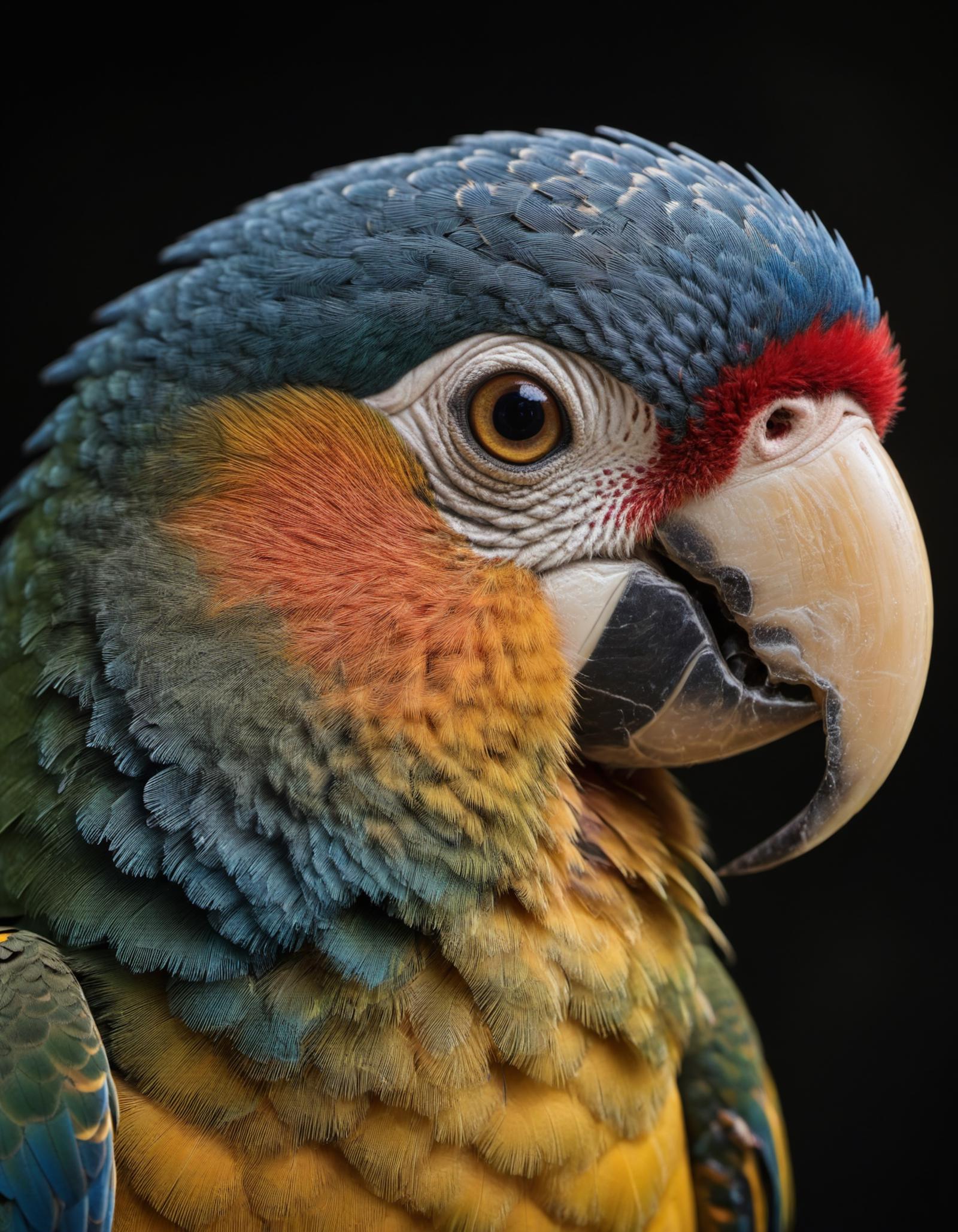 A close-up of a colorful parrot with a blue head and a red, black and white beak.