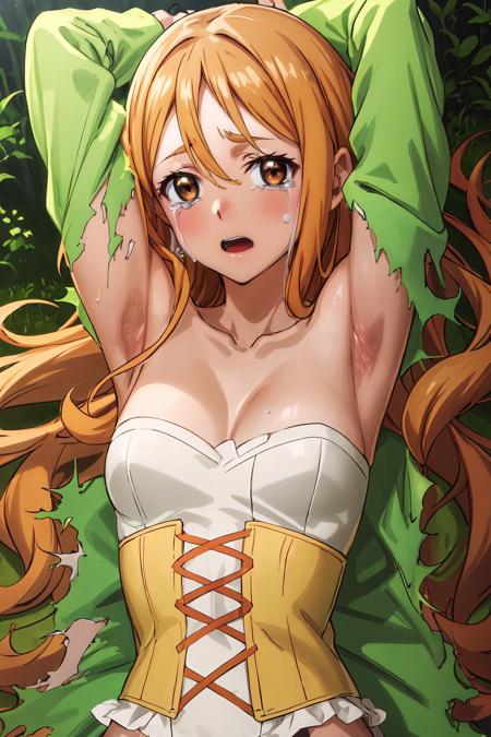 LaurenL blond hair, long hair, parted bangs, brown eyes green dress, torn dress, torn clothes, bare shoulders, collarbone, white corset blue dress, frilled dress, puffy sleeves, wide sleeves, long sleeves, blue bowtie