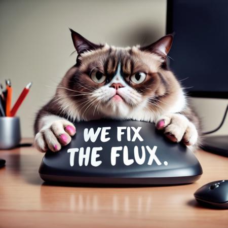 ▲ Close to: 
Big grumpy cat crushes under his paw a computer mouse, text "WE FIX THE FLUX", 