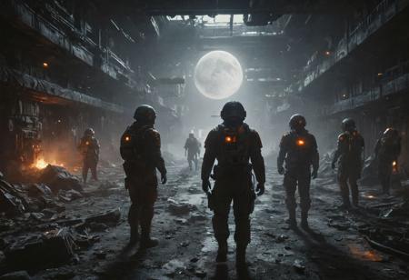 moon space station, Hasselblad 8k photo a POV style, star wars, blade runner, millitary uniforms, in dark cinematic scene of hundreds of soldiers with cinematic dust 3D render, HDR, Detailed background, Hyper-realistic textures, V-Ray rendering, Ambient Occlusion, based on the anime show, logo, "MOON ON BASE", black and orange, trending on artstation, unreal engine, wires futuristic, silicon future, artificial intelligence, mechanical 
<lora:add-detail-xl:0.95> <lora:dvr-lnds-sdxl:0.3> dvr-lnds-sdxl <lora:MJ52:0.25> <lora:ral-apoctvisn-sdxl:0.3> ral-apoctvisn <lora:zavy-cntrst-sdxl:0.35> dark, chiaroscuro, low-key <lora:zavy-rmlght-sdxl:0.41> zavy-rmlght <lora:SDXLFaeTastic2400:0.225>