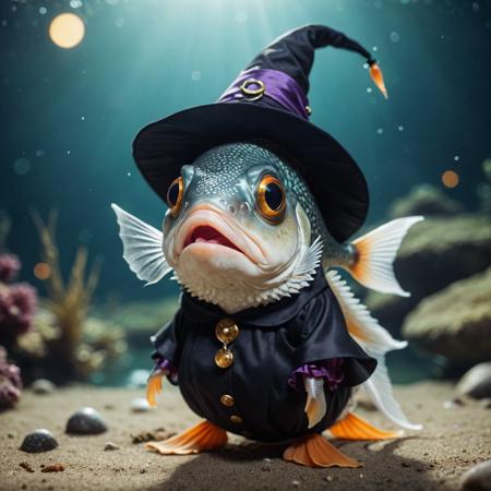 cinematic film still a fish wearing a witch  outfit ,  cute and adorable,  . shallow depth of field, vignette, highly detailed, high budget, bokeh, cinemascope, moody, epic, gorgeous, film grain, grainy