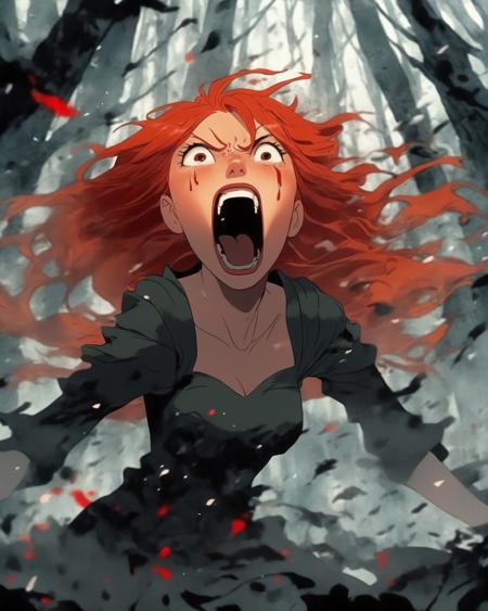 Gorgeous young female screams in anger, tears in her eyes, red head, enchanted Forest, anime style, manga, dark theme, masterpiece