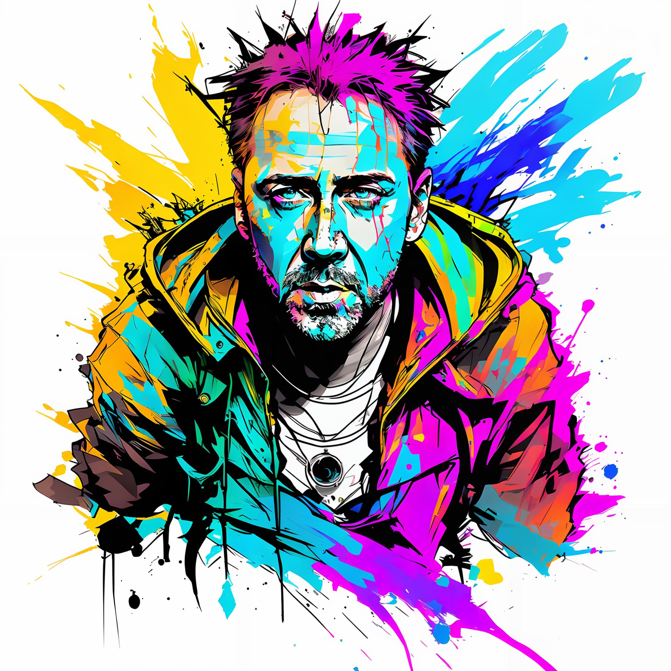 The image features a man with a colorful background, possibly a painting or a colorful splash. He is wearing a hooded jacket and has a beard. The man's expression appears to be angry or serious, as he stares straight ahead. The colorful background adds a vibrant and artistic touch to the scene.