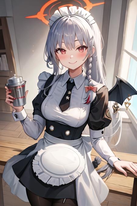 best quality, masterpiece, highres, solo, {maid:1.40}, {long maid dress:1.15}, {haruna_bluearchive:1.15}, red_eyes, halo, braid, smile, wings, bangs, long_hair, grey_hair, blush, breasts, bow, white_hair, hair_bow