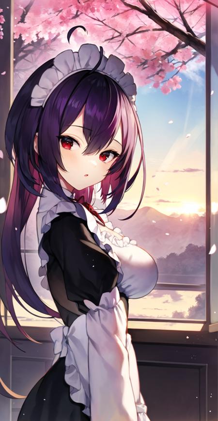 game cg,oil painting (medium) ,{best quality}, {{masterpiece}}, {highres}, original, extremely detailed 8K wallpaper,depthoffield, cinematic angle, bloom effect, light particles,ray tracing,1girl, {an extreme and beautiful},young girl,{{{maid,bishoujo,very_long purple hair and red eyes ,beautiful detailed eyes,ahoge,}}}blunt_bangs,floating hair,Maid drly delicateess,maid headdress,facing viewer,sunlight,beautiful detailed sky,floating sakura,