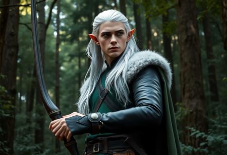A **Chad male elf cosplaying as Legolas**, standing in a dense forest, surrounded by towering trees and lush foliage. He wears a black leather outfit with a green tunic and a flowing white fur cape. In his hands, he grips a bow and arrow, poised for action. His long white hair falls down his back, and he looks intently off to the side with a serious expression, embodying the character's intense focus. **8k, UHD, 4K, Exceptional Quality, More Detail, Lifelike Details, Super Detailed Face and Eyes and Clothes, Handcrafted with Precision, High Quality, Sharp Lines, Stunning Colors, Harmonious Colors, Multi Colored, Contemporary Aesthetics, Impeccable Composition, Creative Angle, Attractive Background, Balanced Editing, Intentional Focus, Well-timed Moment, Captivating Lighting, Octane Render, Unreal Engine 5, CGSociety, Artstation Trending on ArtstationHQ, Golden Ratio**.