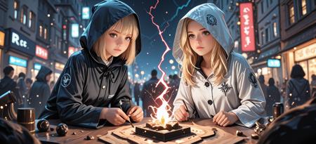 score_9, score_8_up, score_7_up, realistic, masterpiece, of the highest quality, a young Russian guy. There are two girls behind him, a blonde and a brunette. He is wearing a light-colored shirt and a gray raincoat with silver embroidery. Short blonde hair. A stern, tense face. His figure radiates courage and strength. In his hands is a gray lightning, 4k, "city of people", two girls behind him (a masterpiece, the best quality, high resolution, super detail), night, depth of field, red lightning, the riot of the elements, lighting. effects, high detail, particles floating in ancient runes, white energy, mana, epic atmosphere, <lora:kVoidEnergy-000001:0.5> Energy V0id3