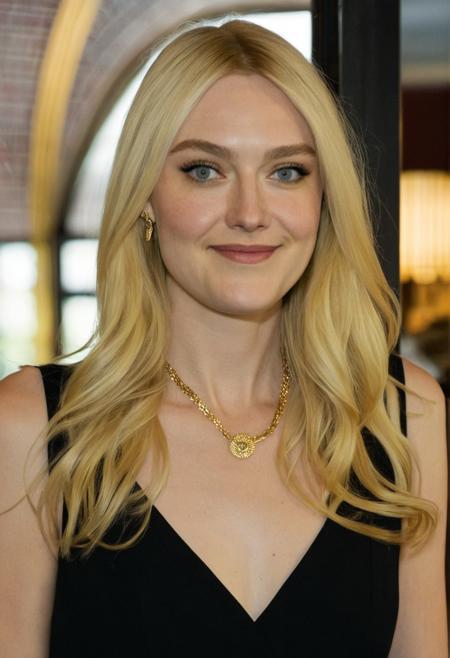 a photo of dakotaf, long hair, photorealistic,upper body, woman,blonde, subtle smile,RAW color photo,(fully in frame:1.1), looking at viewer,(goosebumps:0.5),wearing a black dress,gold necklace,gold jewelry,earrings,indoors,restaurant, low height <lora:dakotaf:1>